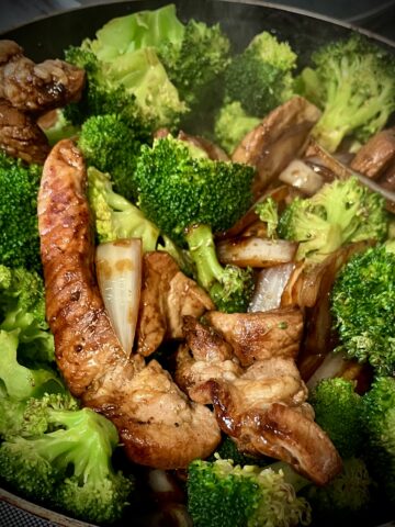 Pork and broccoli stir fry has been made nice bits of pork and onion and broccoli