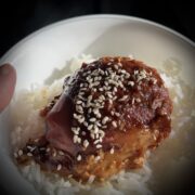 Square image showing part of a tumb and chicken on a bed of rice chicken is a dark red with some dead t9 brighten it up