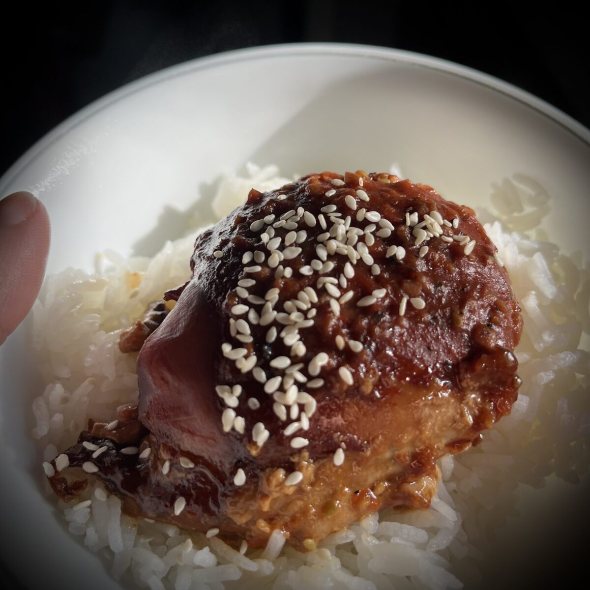 Square image showing part of a tumb and chicken on a bed of rice chicken is a dark red with some dead t9 brighten it up