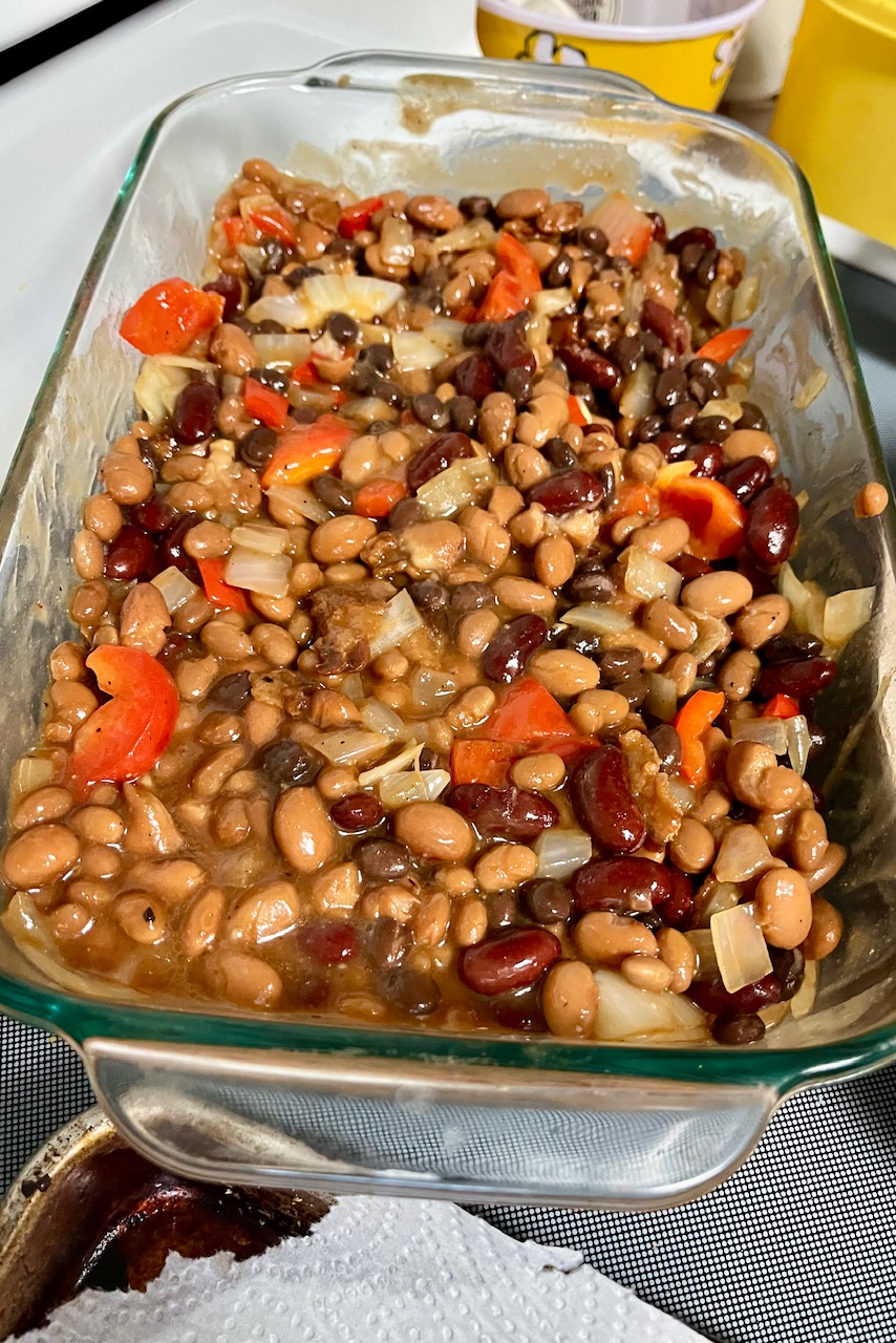 Can full of beans onions and bell peppers