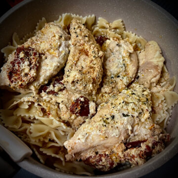 Crockpot Marry Me Chicken mixed with pasta