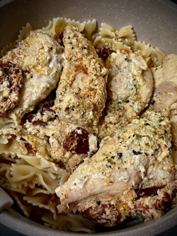 Crockpot Marry Me Chicken mixed with pasta