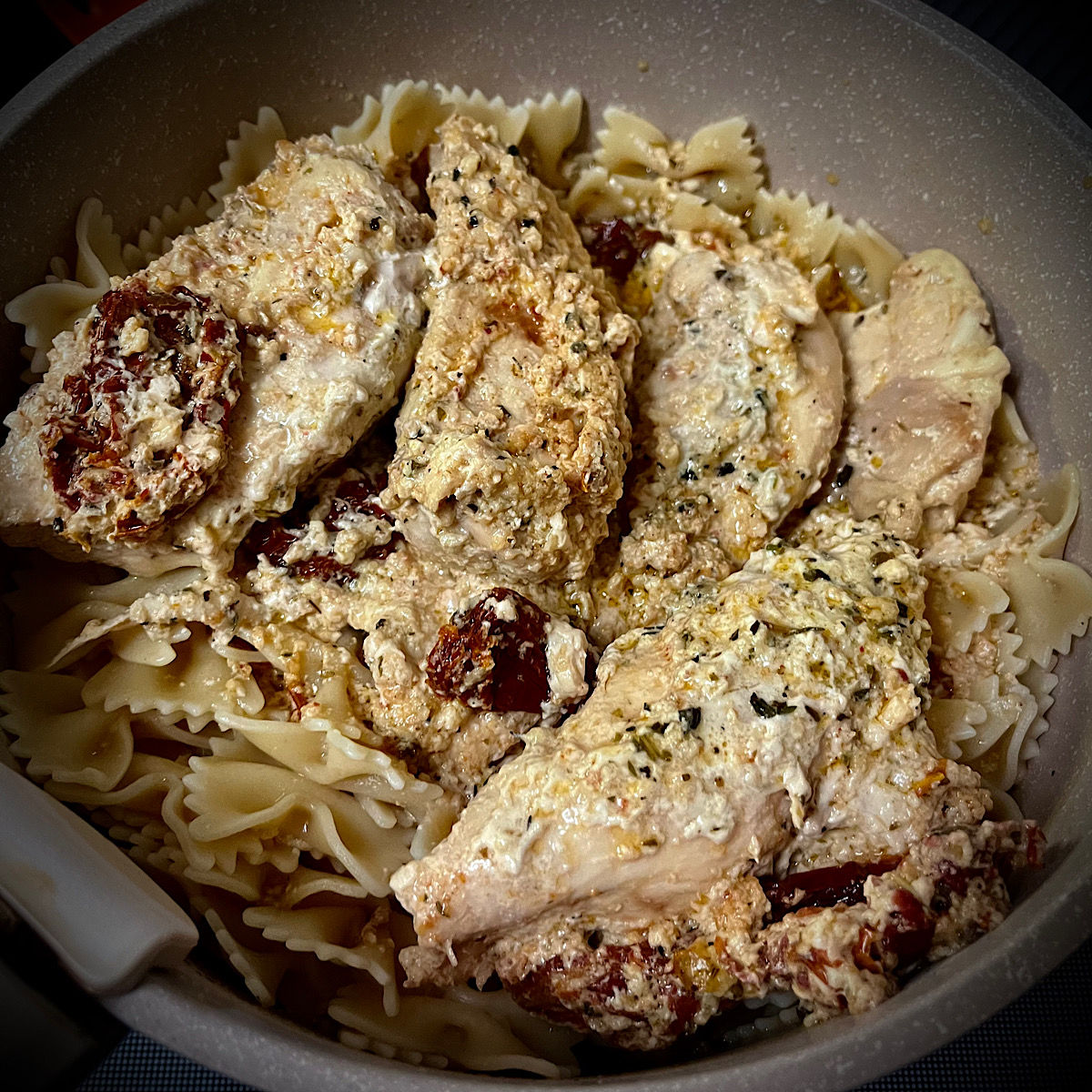 Crockpot Marry Me Chicken mixed with pasta